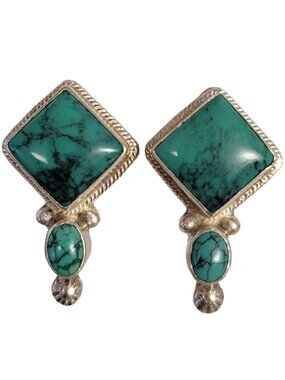 Victor Sterling, Turquoise Square Oval Clip-On Earrings, Signed E1